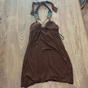Iz Byer California Sleeveless Beaded Halter Dress Tie Back Stretch Brown Size M